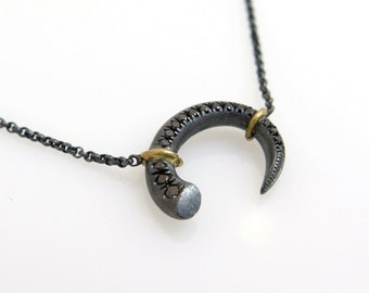 Black diamond necklace, Unique silver jewelry, Diamond necklace, Silver and gold necklace, Pave diamond pendant, Oxidized silver necklace