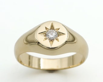 Signet Diamond Ring, Star Diamond Ring, Solid Gold Ring, Pinky Ring, Signet Ring Women, Ring For Men, North Star Ring, 14k Gold Ring, 18k