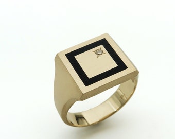 Men Diamond Ring, Signet Ring, Statement Diamond Ring, Diamond Signet Ring, Pinky Ring, Geometric Gold Ring, Enamel Gold Ring, 14k, 18k