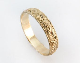 Antiker Ehering, Unisex 14K Goldband, Vintage Ehering, Musterband, gravierter Ring, Blumenband, viktorianischer 18K Roségoldring