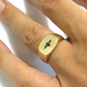 Signet ring, Black Diamond Ring, Gold Ring for Men, Pinky Ring, Diamond Ring Men, 14k signet ring, 18k Gold Ring, North Star Ring, Statement