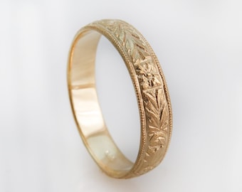 Viktorianischer Ehering, Antiker Ehering, Floraler Ehering, Gravierter Ehering, Ehering aus Roségold, Vintage, Boho, 18 Karat, 14 Karat