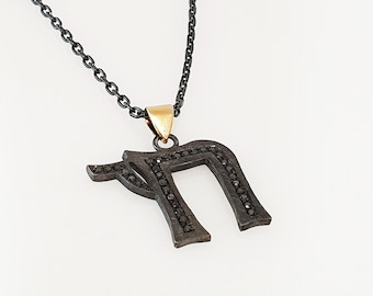 Chai Necklace, Silver and Gold Necklace, Black Diamond Necklace, Oxidized Necklace, Jewish Necklace, Two Tone Necklace, Chai Pendant,Kabbala