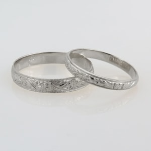 Wedding Bands Set, 18K White Gold Wedding Rings, His and Hers Wedding Bands, Couples Rings, Vintage Style Band, Floral Band, Pattern Rings