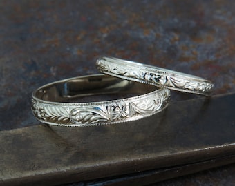 Fedi nuziali in oro 14k, anelli di coppia, fedi nuziali in stile vintage, set di fedi nuziali per lui e per lei, fedi nuziali floreali, fedi nuziali con motivi