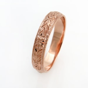 Engraved Floral Rose Gold Wedding Band: Vintage Style Unisex Ring