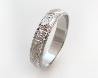 Einzigartiger Ehering, Unisex-Ring, 14-karätiger Weißgoldring, gravierter Ring, floraler Ring, gemusterter Ring, Ring im Vintage-Stil, 18-karätiges Gelb-/Roségold