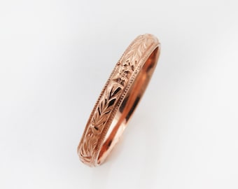 Einzigartiger Ehering, Vintage-Stil Ehering, Unisex Band, Roségold Band, Musterband, Gravur dünner Ring, Ehering im antiken Stil