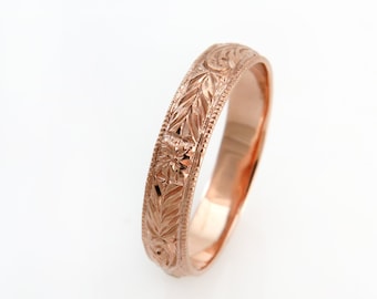 Rose Gold Wedding Band, Unique Wedding Ring, Unisex Gold Band, Pattern Ring, Floral Band,Vintage Style Band, Engraved Ring,Yellow/White gold