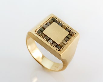 Signet Ring for Men, Raw Diamond Ring, Square Signet Ring, Rustic Diamond Ring, Geometric Gold Ring, Solid Gold Ring, Statement Ring 14k 18k