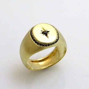 14k Gold Signet Ring for Men with Black Diamond, Engraved Gold Band, Luxury Jewelry, Anniversary Gift for Him