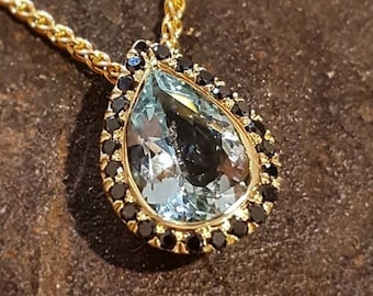 Teardrop Pendant Necklace, 14K Gold Necklace For Women, Aquamarine Necklace, Pear necklace, Black Diamond Necklace, Blue And Black Necklace