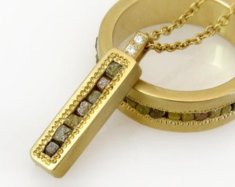 Halskette mit Anhänger aus 18-karätigem Gold mit Rohdiamanten, Bar Station Design