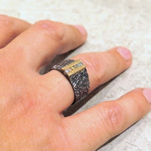 Men Diamond Ring, Men Signet Ring, Raw Diamond Ring, Oxidized Silver Ring, Hammered Silver Ring, Men Sterling Silver Jewelry, Rustic Ring