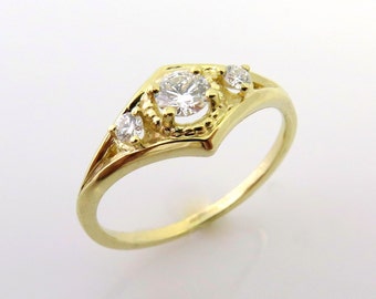 Diamanten verlovingsring, unieke diamanten ring, Art Deco verlovingsring, vintage diamanten ring, 3 diamanten ring, 14k geel/wit/rosé goud