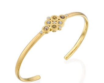 Bracciale rigido in oro con diamanti, bracciale aperto, bracciale con diamanti a grappolo, gioielli con diamanti grigi, bracciale con diamanti unico, bracciale boho, 18k, 14k