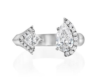 Luxury diamond ring, Open diamond ring, Statement Diamond Ring, Princess Cut Diamond Ring, Big diamond ring, Modern diamond ring, 14K, 18K