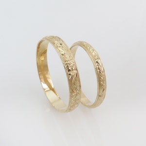 Antique Style Matching Wedding Bands, Couples Rings, 14k Solid Gold Set
