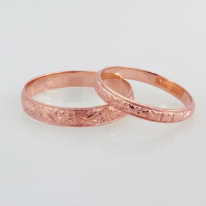 14k Rose Gold Wedding Band Set, His and Hers Rings, Antique Style, Matching Bands, Floral Engraved, Swirl Pattern Band, Anniversary Gift