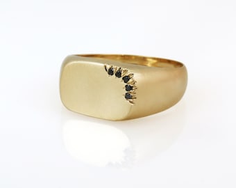 Gouden zegelring, zegelring vrouwen, zwarte diamantring, gouden pinkring, uniseks zegelring, massief gouden ring, diamanten zegelring, 14K, 18K