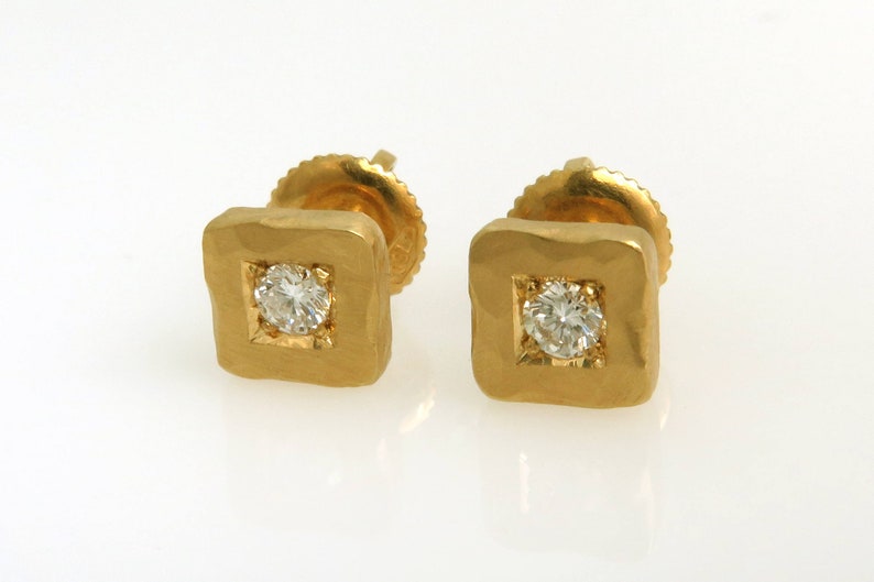 Gold Diamond Earrings, 18K Gold Earrings, Diamond stud earrings, Squares Diamond Studs, Solid Gold Earrings, Yellow/White/Rose Gold Earrings image 2