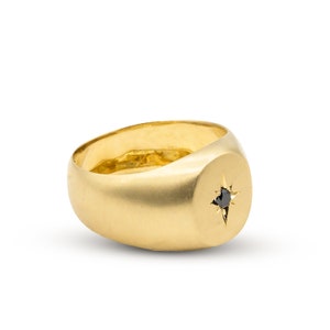 Signet Ring for Men, Black Diamond Signet Ring, Solid Gold Signet Ring, Star Gold Ring, Pinky Ring Men, Wide Signet Ring, 14k, 18k, Modern