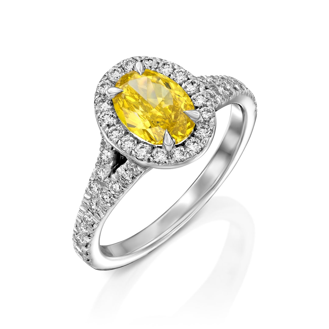 IGL Certified Yellow Diamond Ring, Halo Diamond Ring, Diamond