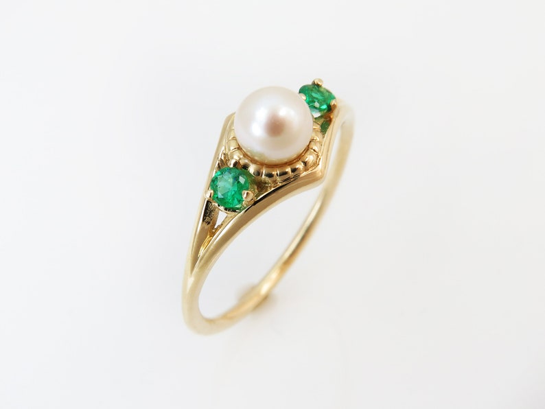 Pearl ring gold Emerald engagement ring Pearl engagement Etsy