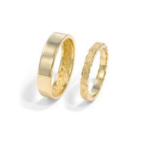 14K Gold Wedding Ring Set, His and Hers Rings, Couple Rings, Leaf Wedding Band, Matching Wedding Rings