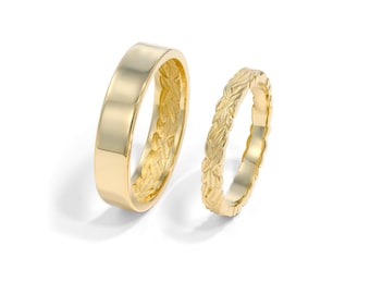 Conjunto de anillos para parejas, anillos de boda para él y para ella, conjunto de anillos a juego, conjunto de anillos de boda de oro amarillo de 14 quilates, anillo inspirado en la naturaleza