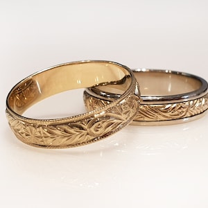 14k Gold Wedding bands, Couples Rings, Vintage Wedding Ring, Men and Women Wedding Band Set, His and Hers Wedding Rings Set, Pattern Ring