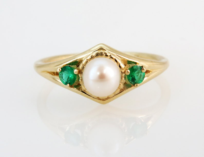 Pearl ring gold Emerald engagement ring Pearl engagement Etsy