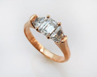 18K Gold Diamond Engagement Ring, Emerald Cut Modern Unique Fine Ring, Proposal Jewelry for Girlfriend