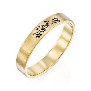 14K Gold Ring with Cherry Blossom Branch & Sakura Flower, Japanese Floral Band for Men, Minimalist Floral Wedding Jewelry, Gift for Him