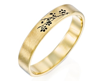 14K Gold Ring with Cherry Blossom Branch & Sakura Flower, Japanese Floral Band for Men, Minimalist Floral Wedding Jewelry, Gift for Him