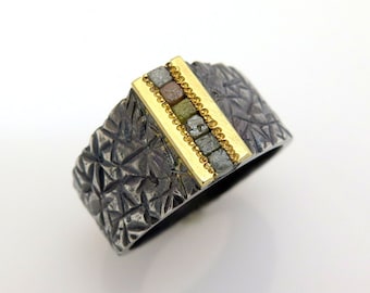 Zilveren zegelring, zegelring heren, geoxideerde zilveren ring, 14k gouden ring, gouden zegelring, ruwe diamanten ring, gehamerde zilveren ring, uniek