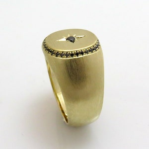 14k Gold Signet Ring for Men with Black Diamond, Engraved Gold Band, Luxury Jewelry, Anniversary Gift for Him