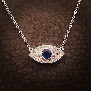 Evil Eye Necklace, 14k White Gold Necklace, Sapphire Diamond Necklace, Evil Eye Jewelry, Protection Necklace, Eye Necklace, Pave Necklace