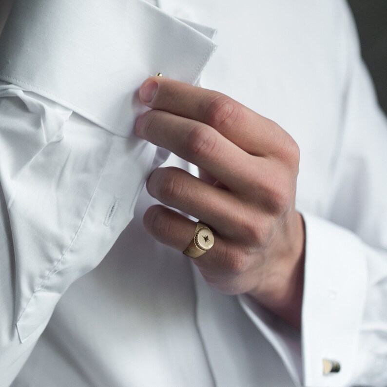 14k Gold Signet Ring for Men with Black Diamond, Engraved Gold Band, Luxury Jewelry, Anniversary Gift for Him