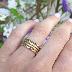14K Gold stacking rings, tiny Diamond stacking ring, Gold dot Ring, Unique stacking ring, Black Diamond Ring, Diamond stacking ring set