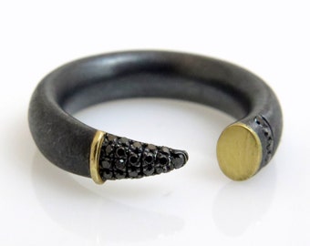 Black Diamond Open Ring, Modern Diamond Ring, Gold and Silver Ring, Unique Ring, Black Silver Ring, Cluster Ring, Cocktail Ring, Gothic Ring