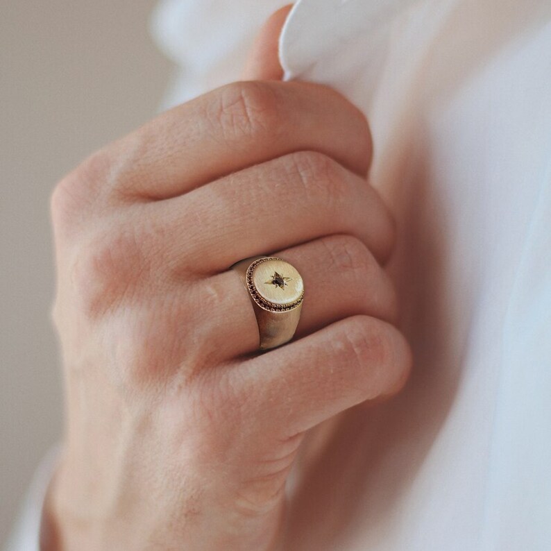 14k Gold Signet Ring for Men with Black Diamond, Engraved Gold Band, Luxury Jewelry, Anniversary Gift for Him