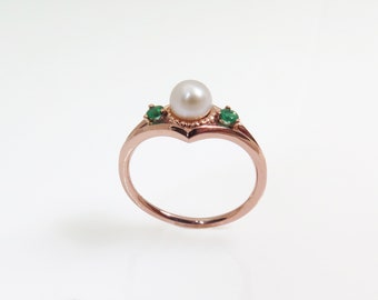 Solid 14K Rose Gold Pearl Emerald Engagement Ring - Art Deco Vintage Multi Stone Gold Band