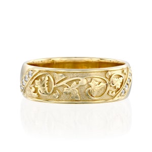 14k/18k Gold Wide Diamond Vintage Design Wedding Ring, Antique Leaves Boho Style Band