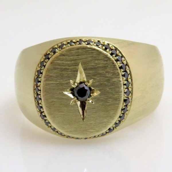 Stjärnsignetring, diamantring i 14 karat guld, vigselring med svart diamant, lillfingring med 0,20 karat svart diamant för män, vigselring med sigill
