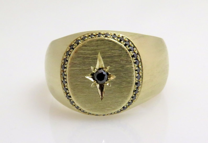 14k Gold Signet Ring for Men with Black Diamond, Engraved Gold Band, Luxury Jewelry, Anniversary Gift for Him