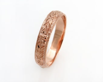 Viktorianischer Rosegoldring, 14K & 18K antiker gravierter Blumen Ehering