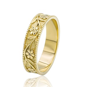 Nature-Inspired Antique Floral Wedding Band, 14k/18k Gold Flowers Design Ring