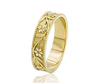 Nature-Inspired Antique Floral Wedding Band, 14k/18k Gold Flowers Design Ring