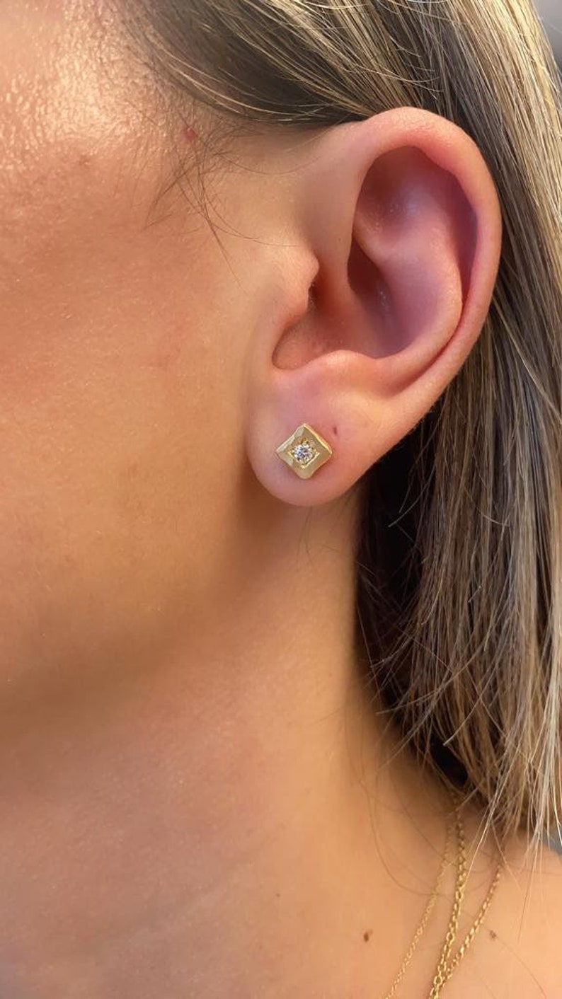 Gold Diamond Earrings, 18K Gold Earrings, Diamond stud earrings, Squares Diamond Studs, Solid Gold Earrings, Yellow/White/Rose Gold Earrings image 1